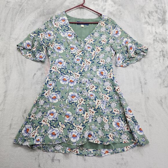 Blue Rain Dresses & Skirts - Francescas Blue Rain Dress Womens S Green Floral V-Neck Button Front Mini Lined